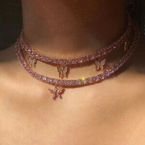 Pink Gold Butterfly Rhinestone Crystal Choker Necklace